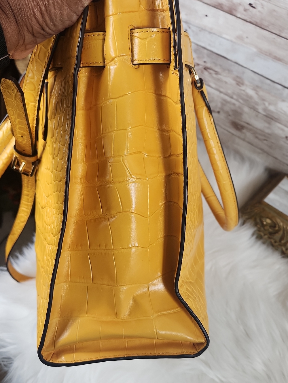 Michael Kors Yellow Croc-Embossed Satchel with MK Charm and Several Compartments - Picture 6 of 10